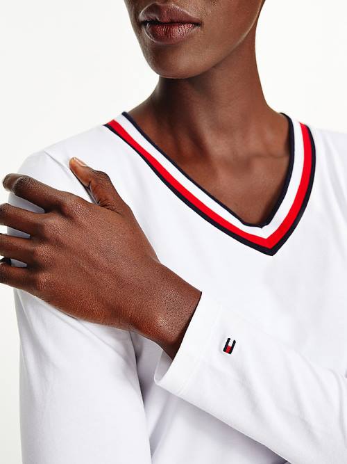Tommy Hilfiger Signature Tape V-Neck Long Sleeve Ženske Majice Bela | TH587VFM