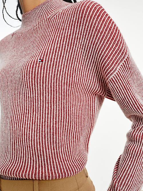 Tommy Hilfiger Stripe Mock Turtleneck Wool Jumper Ženske Puloverji Rdeča | TH145SMO