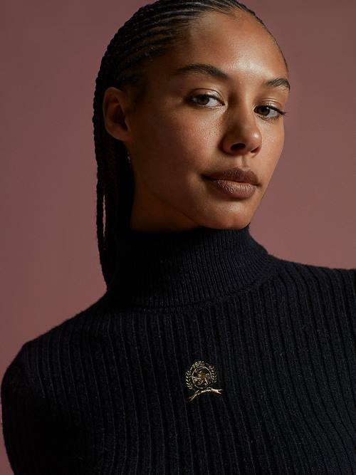Tommy Hilfiger TH Collection Crest Mock Turtleneck Slim Jumper Ženske Puloverji Črna | TH801ZPD