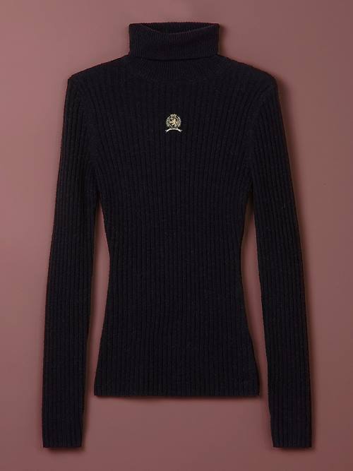 Tommy Hilfiger TH Collection Crest Mock Turtleneck Slim Jumper Ženske Puloverji Črna | TH801ZPD