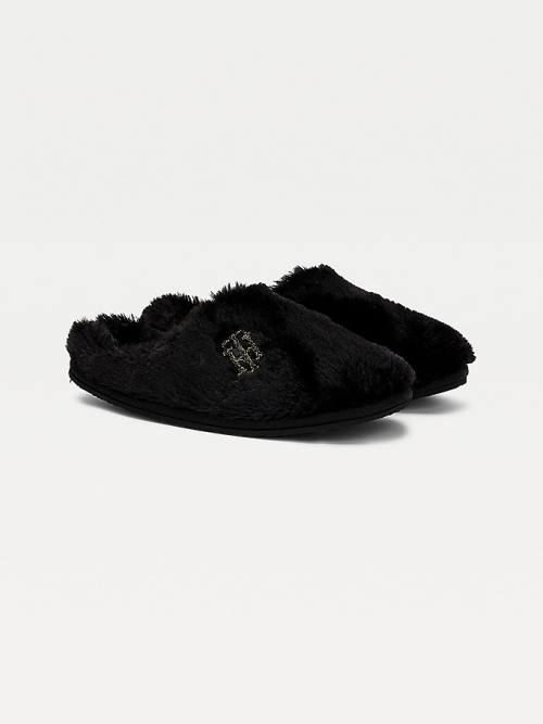 Tommy Hilfiger TH Monogram Faux Fur Ženske Copati Črna | TH302PFW
