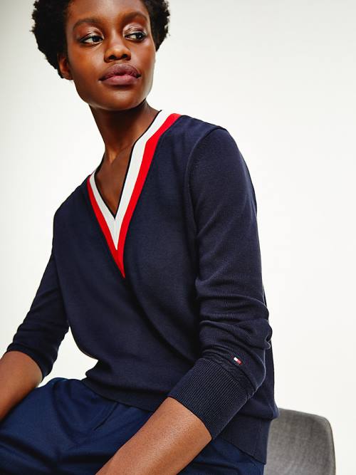Tommy Hilfiger Tipped V-Neck Jumper Ženske Puloverji Modra | TH168EIB