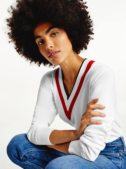 Tommy Hilfiger Tipped V-Neck Jumper Ženske Puloverji Bela | TH986FBZ