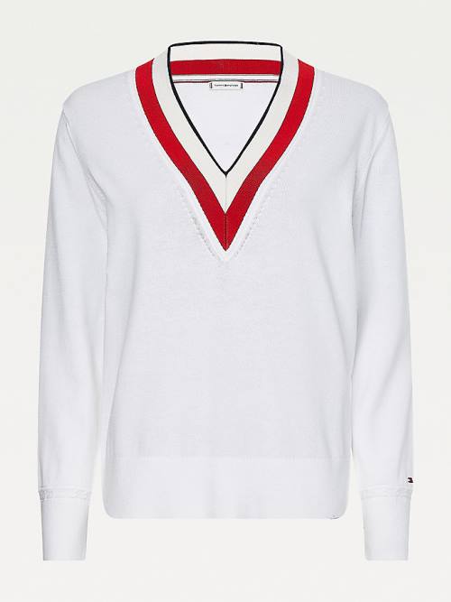 Tommy Hilfiger Tipped V-Neck Jumper Ženske Puloverji Bela | TH986FBZ