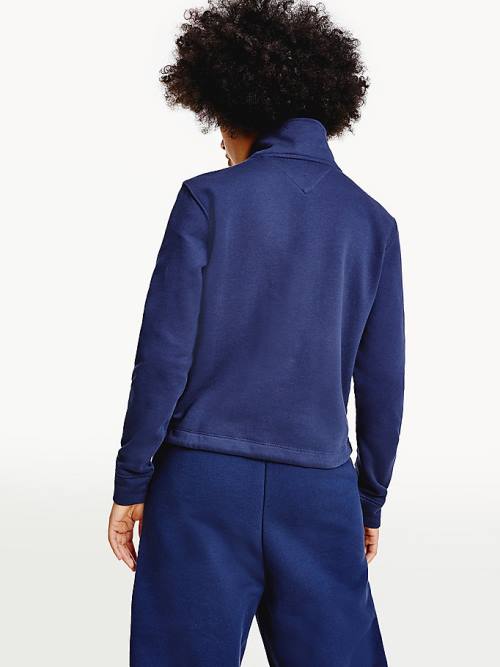 Tommy Hilfiger Tommy Badge Quarter Zip Drawstring Sweatshirt Ženske Pulover s kapuco Modra | TH901DAO
