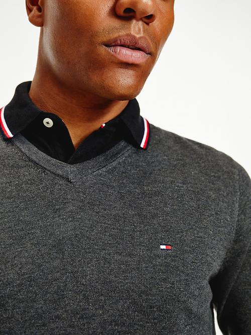Tommy Hilfiger V-Neck Cotton Blend Sweatshirt Moški Puloverji Siva | TH856BLY