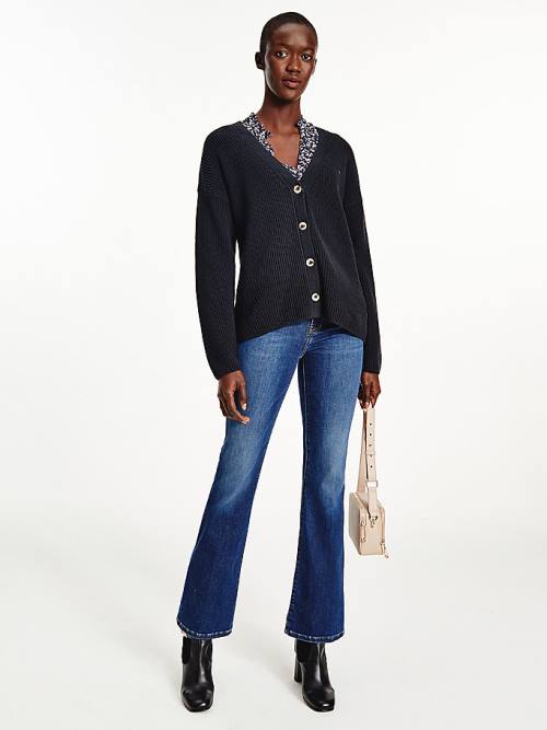 Tommy Hilfiger V-Neck Relaxed Fit Rib Knit Cardigan Ženske Puloverji Modra | TH954GDC