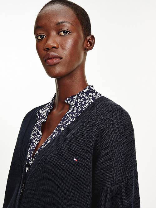 Tommy Hilfiger V-Neck Relaxed Fit Rib Knit Cardigan Ženske Puloverji Modra | TH954GDC