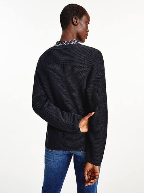 Tommy Hilfiger V-Neck Relaxed Fit Rib Knit Cardigan Ženske Puloverji Modra | TH954GDC