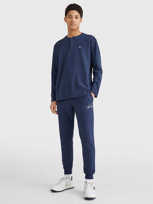 Tommy Hilfiger Waffle Henley Neck Long Sleeve Top Moški Majice Modra | TH214CIR