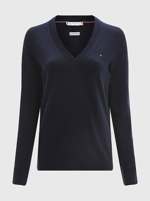 Tommy Hilfiger Wool Cashmere V-Neck Jumper Ženske Puloverji Modra | TH169POK