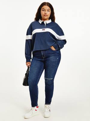 Tommy Hilfiger Curve Long Sleeve Stripe Rugby Shirt Ženske Polo Majica Modra | TH293UYC