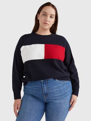 Tommy Hilfiger Curve Long-Sleeved Crew Neck Sweatshirt Ženske Puloverji Modra | TH015NHA