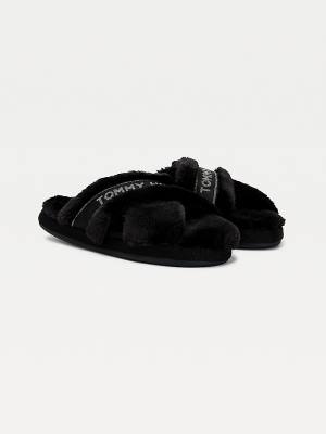 Tommy Hilfiger Logo Tape Faux Fur Ženske Copati Črna | TH619PVT