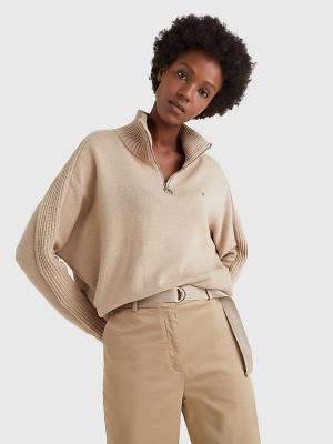 Tommy Hilfiger Oversized Half-Zip High Neck Jumper Ženske Puloverji Bež | TH487TUA
