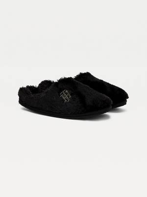 Tommy Hilfiger TH Monogram Faux Fur Ženske Copati Črna | TH302PFW