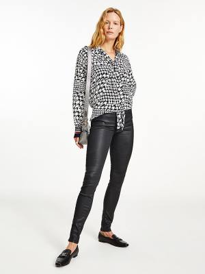 Tommy Hilfiger Viscose Houndstooth Tie-Neck Relaxed Fit Ženske Bluza Modra | TH745HKJ